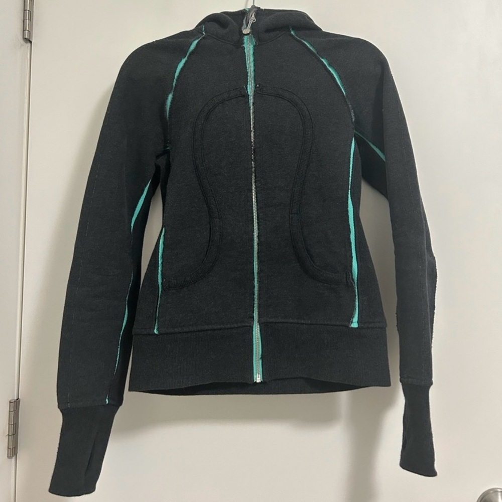 Lululemon Special Edition Scuba Hoodie Gray Aqua Stitch Rare Hard to Find Sz 2